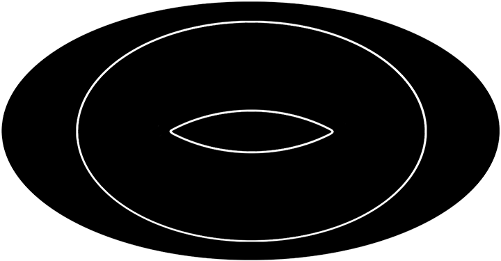 Black oval with a white engraving of two concentric ovals, to appear like a torus.